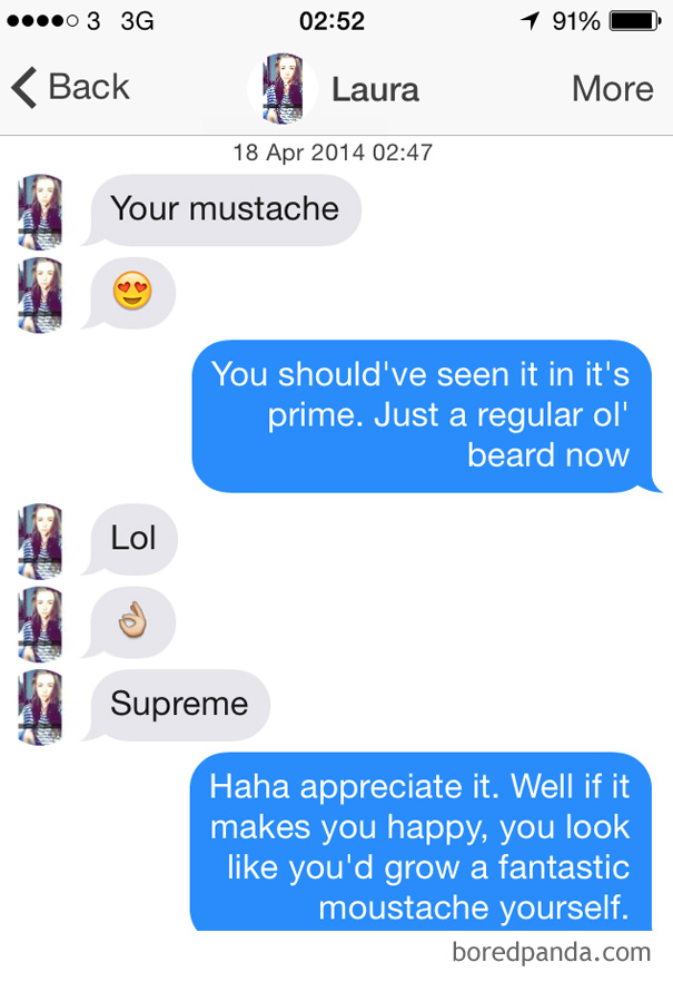 woman compliments man mustache
