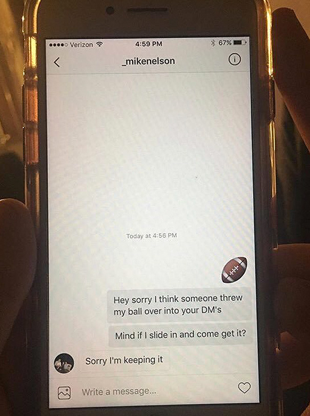 man trying to flirt with woman using a ball pick-up line 