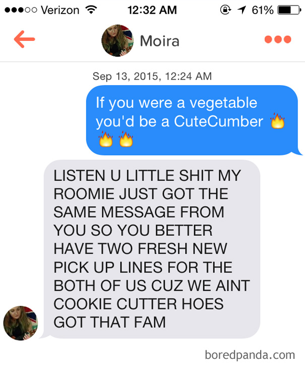 man using cucumber pun to flirt with woman 
