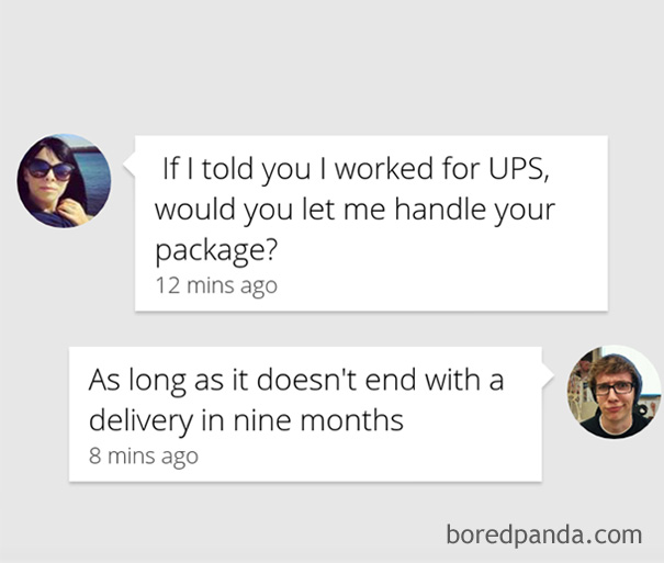 woman flirting with man using package pick-up line 