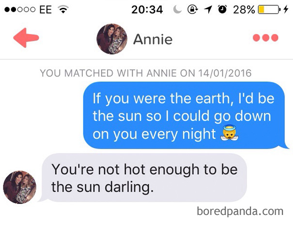 woman rejecting a man with a sun pick up line 