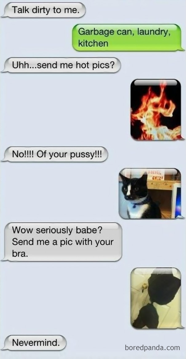 woman sending pictures of fire, cat and her bra to a man 