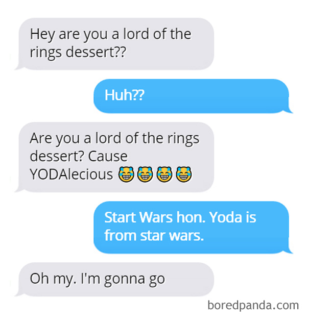 man trying to flirt with woman using lord of the rings pun 