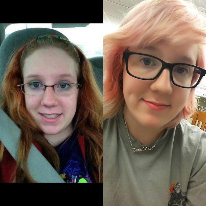 When I Was In Middle School With My Blue Eyeshadow Vs. Now With Pink Bleached Hair