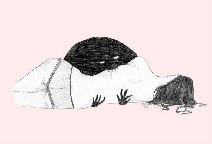 Drawing illustrating depression as a black creature lying on a person's back, depicting the emotional weight of depression.