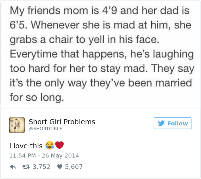 Text image humorously depicting short people problems in relationships with height differences.