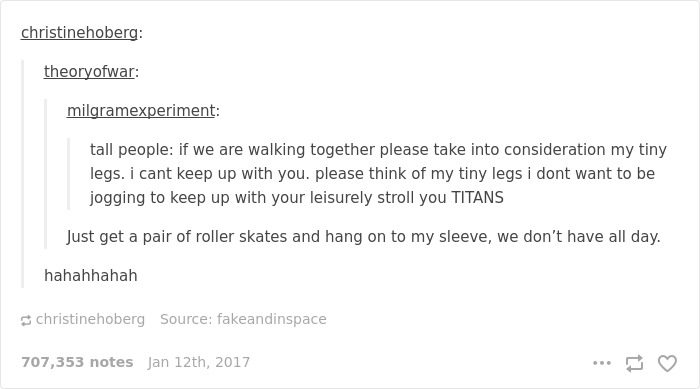 Text conversation humorously depicting short people problems when walking with taller people.