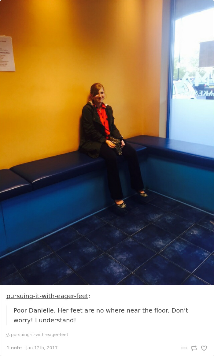 A person sitting on a bench with feet not reaching the floor, illustrating short people problems.