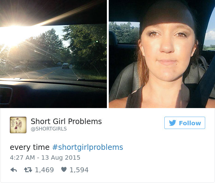 Split image showing a road view with sunlight and a person in a car, illustrating short people problems.