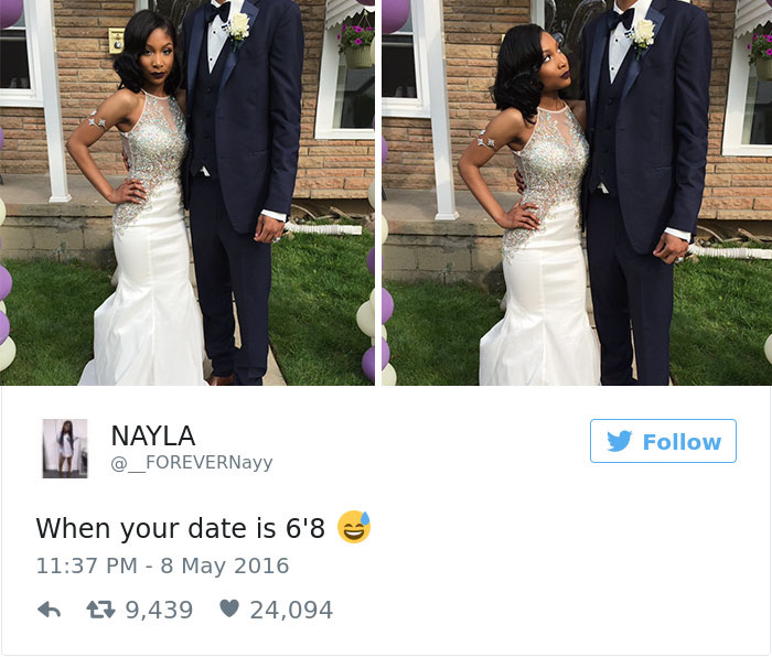 Short people problem: woman in a formal gown stands next to a much taller man in a suit, posing for a photo.