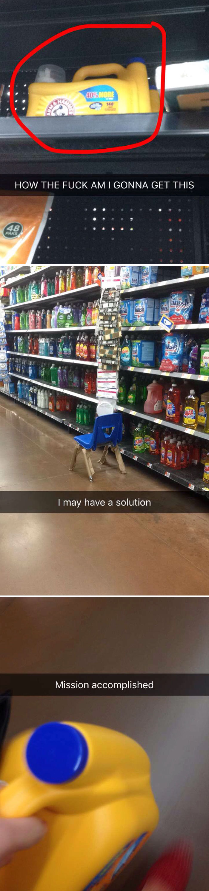 Creative solution for short people reaching items on the top shelf in a grocery store.