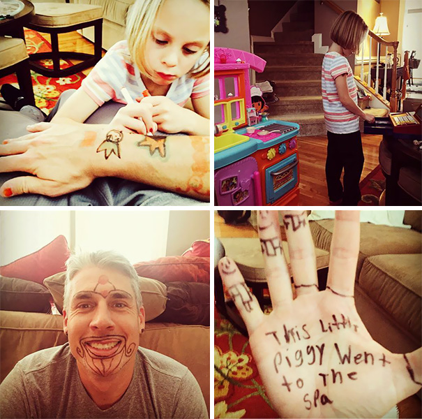 What Do You Do When You're Home Alone With Your 8-Year-Old? Well, You Play Spa, Tattoo Shop, Unicorn Tea Party, And Of Course, Get Your Face Covered In Marker Ink
