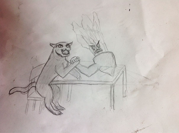 As A Single Father, My Son Always Makes Me Something For Mother's Day. This Year's Drawing Is A Turnip Arm Wrestling A Puma