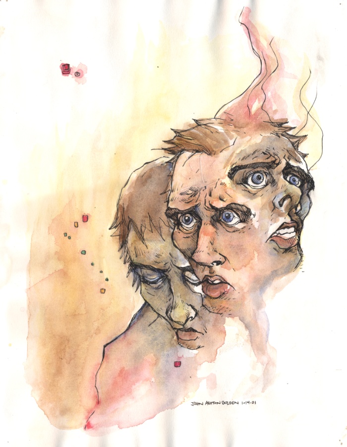 Watercolor painting depicting a distorted face, expressing the emotional turmoil of depression.