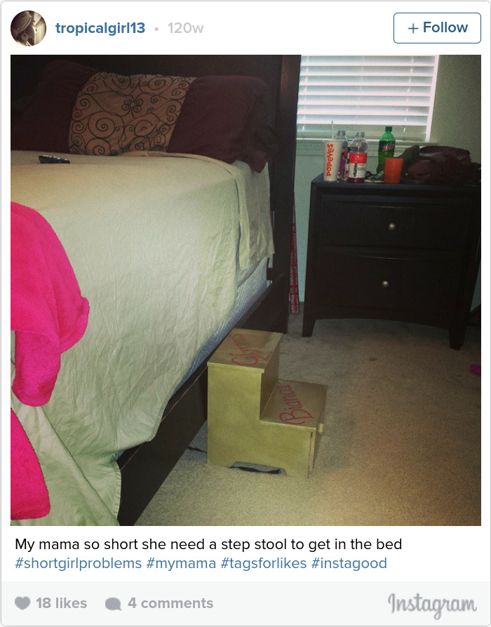 Step stool by the bed highlights short people problems of reaching high places.