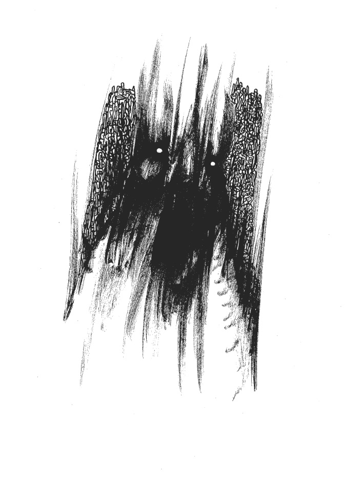 Abstract black and white drawing representing depression through chaotic lines and dark shapes.