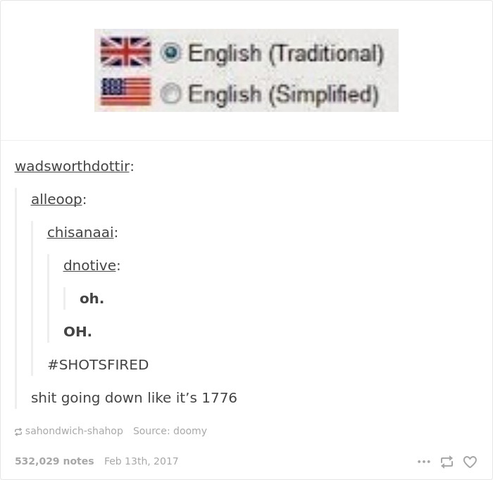 English language humor: UK flagged as "Traditional," US flagged as "Simplified," caption mocks 1776 revolution.