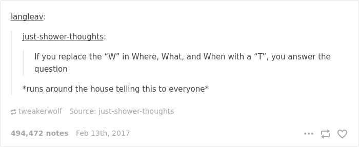 English language joke about replacing "W" with "T" in questions, highlighting humorous language quirks.