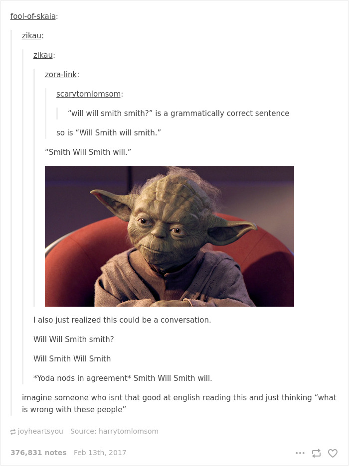 English language joke about grammatically correct sentences with Yoda nodding in agreement.
