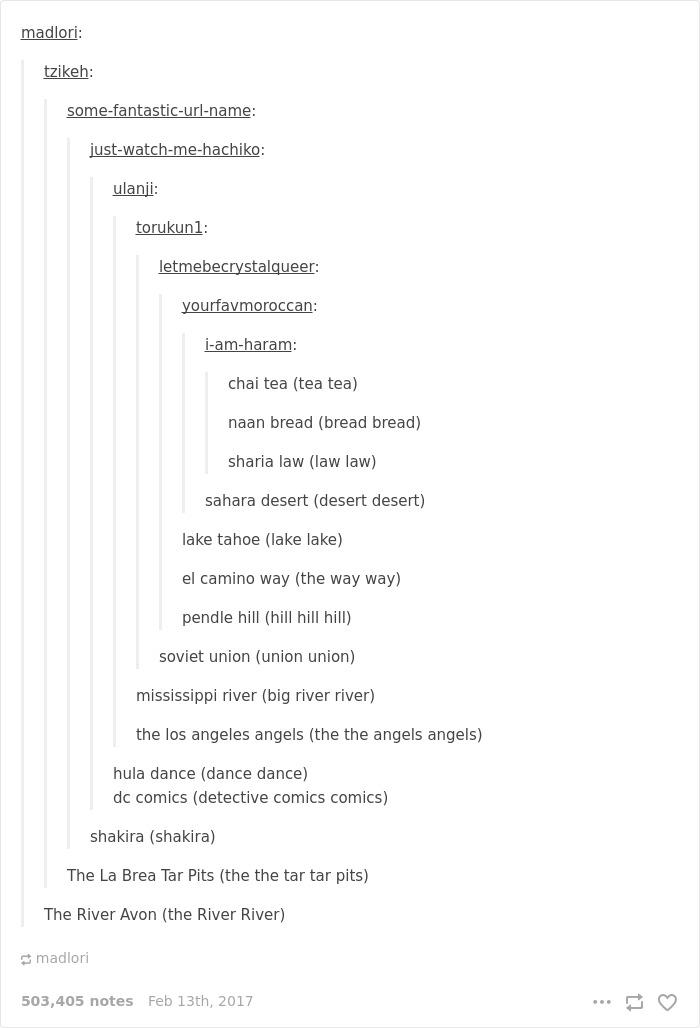 English language joke about chai tea and naan bread highlighting redundancy.