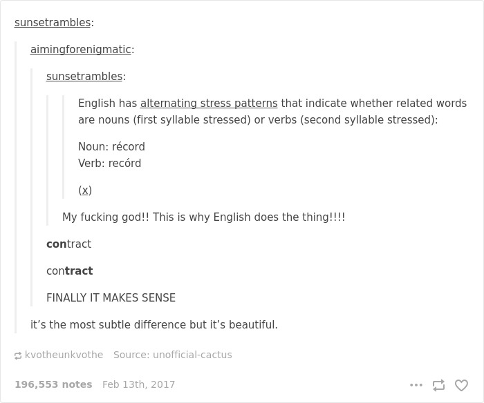 English language joke about alternating stress patterns in words, highlighting subtle differences and humor.