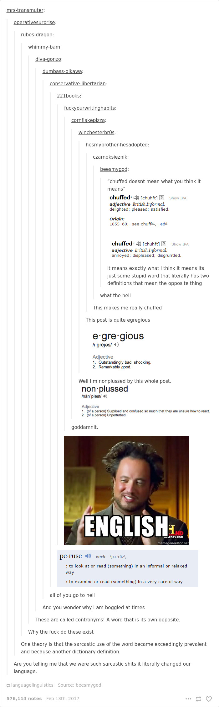 English language joke about "chuffed" showing contradictory definitions.