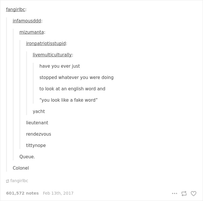 English language joke about fake words like yacht, lieutenant, and rendezvous.