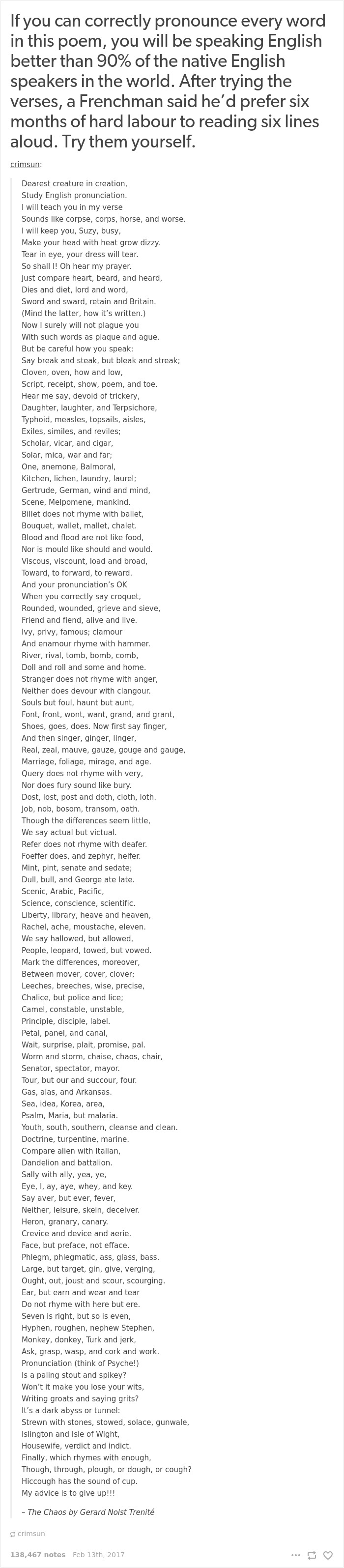 Text highlighting English language joke on pronunciation challenges.