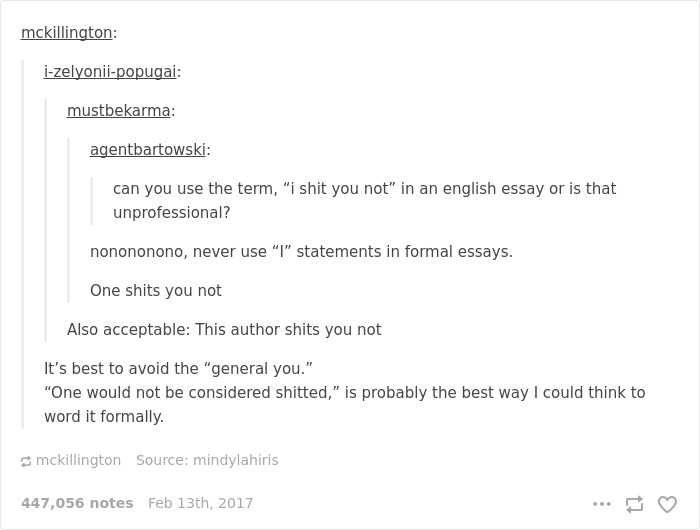 English language joke about using informal phrases in essays, highlighting humorous grammar advice.