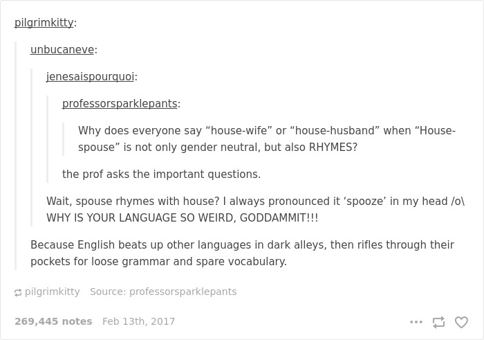 English language joke about "house-wife", "house-husband", and "house-spouse" highlighting its peculiarities.