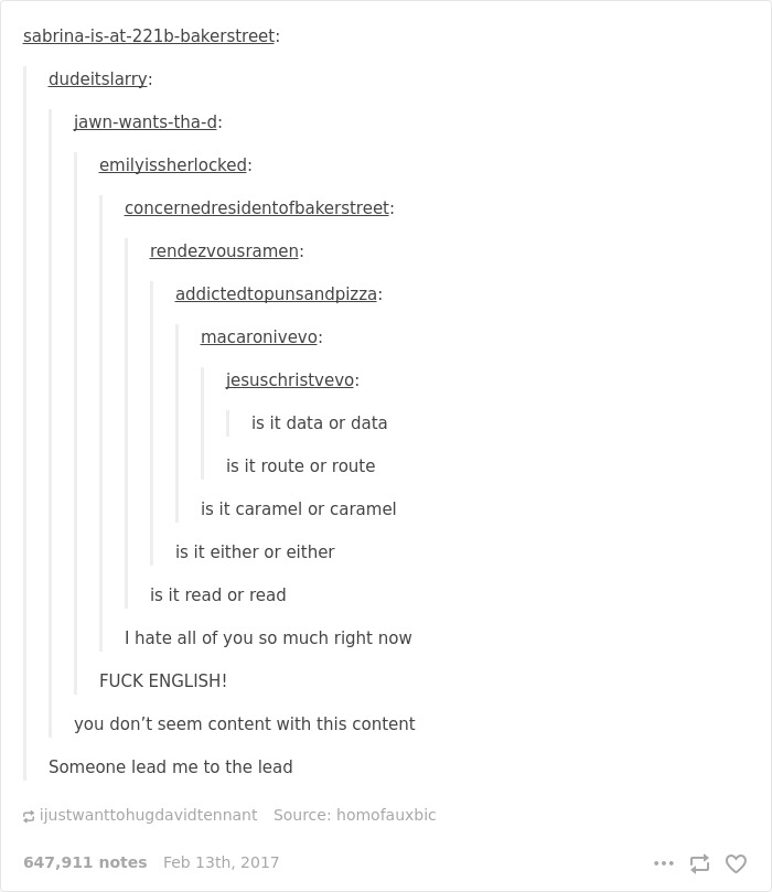 English language joke about pronunciation confusion with words like data, route, caramel, and read.