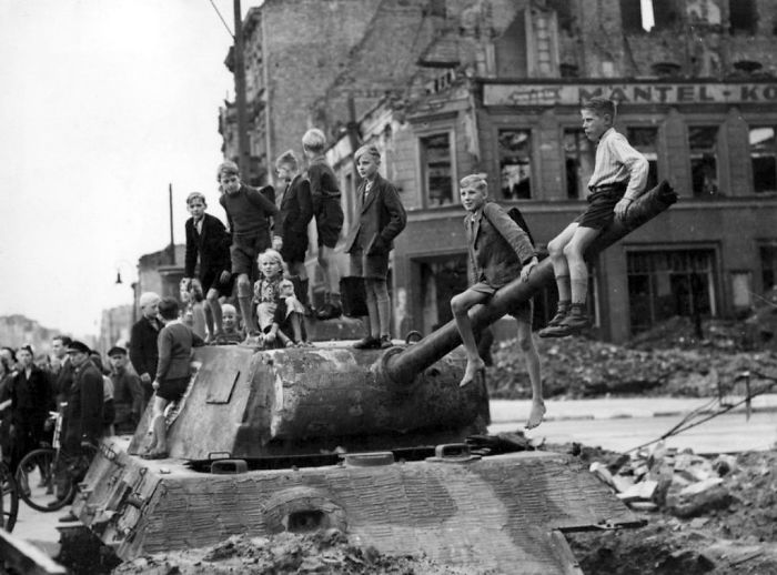 German Kids Playing On A Panther Tank Turret Following The Fall Of Berlin, 1945