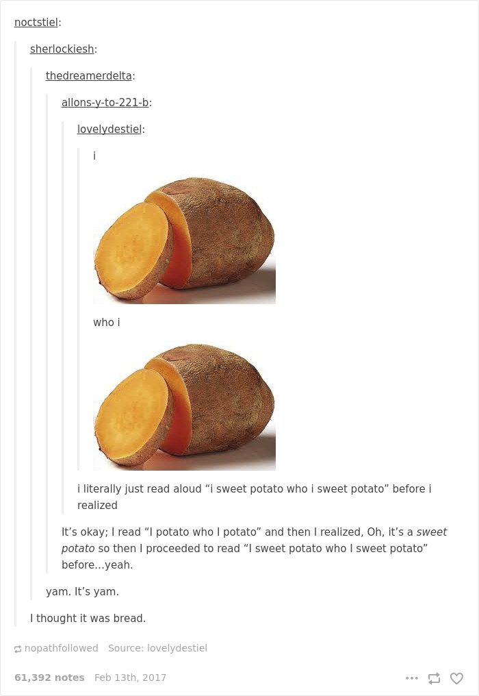 A humorous post about the English language featuring a sweet potato joke and confusion between potato and yam.