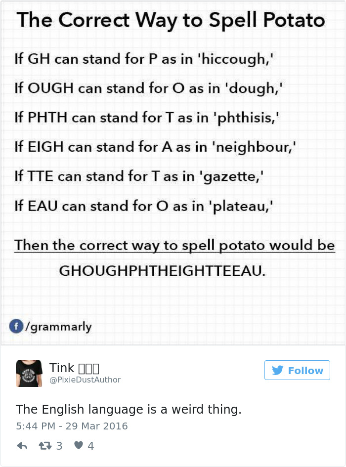 English language joke about spelling "potato" humorously showcases spelling complexity.