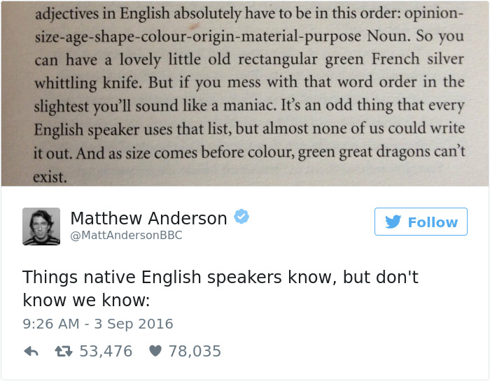 English language joke highlights native speakers' instinctive knowledge of adjective order.
