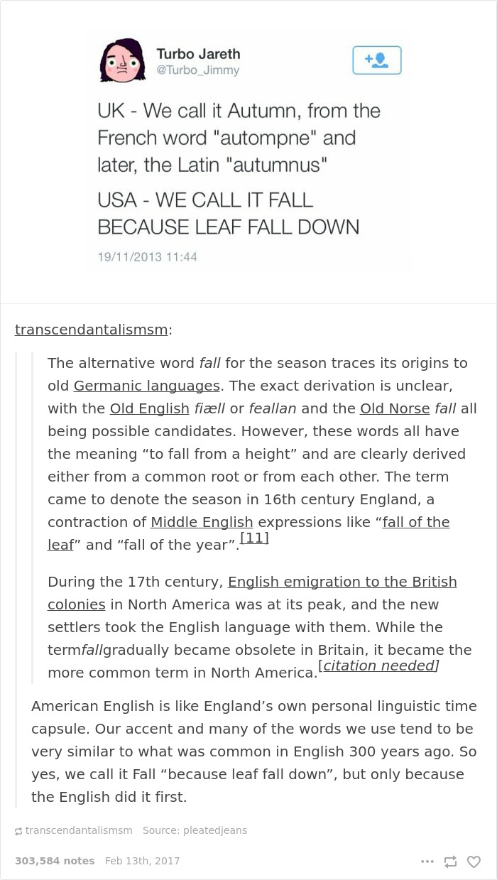 English language joke comparing autumn vs fall with humorous explanation.