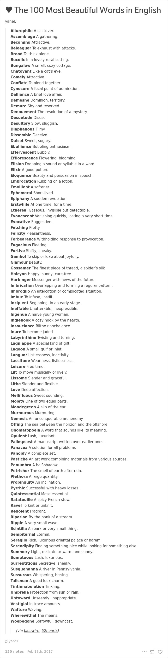 English language joke list titled "The 100 Most Beautiful Words in English" with humorous definitions.