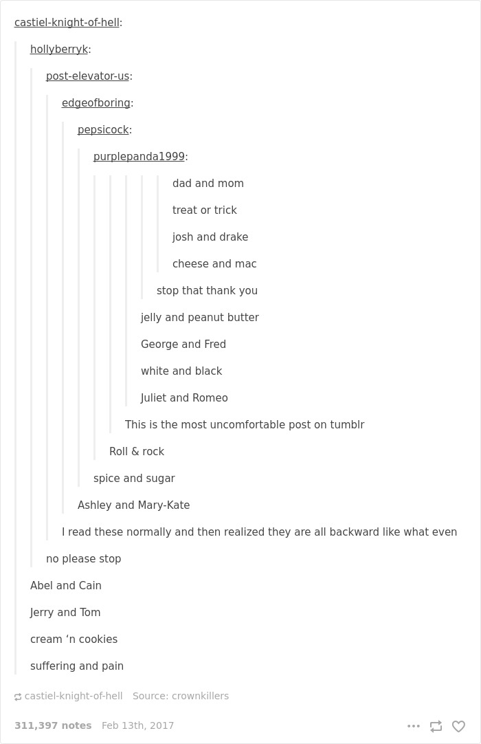 English language joke featuring humorous backward pairs of well-known phrases and names.