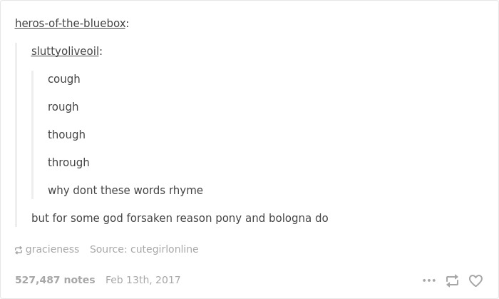 English language joke about rhyme inconsistencies with words like "cough" and "pony."