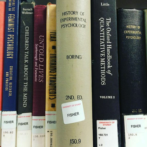 Bookshelf with a book titled "Boring" among psychology texts, highlighting funny names.