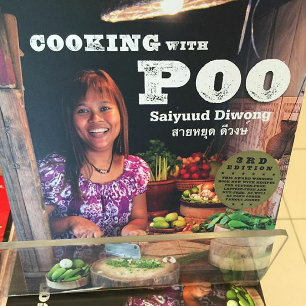 Cookbook titled "Cooking with P*o" featuring a smiling chef with fresh vegetables, highlighting funny names.