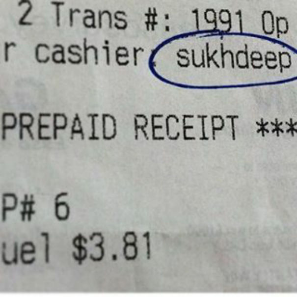 Receipt showing the funny name "Sukhdeep" circled in blue ink.
