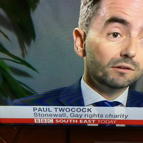Man with funny name on TV, representing a gay rights charity.