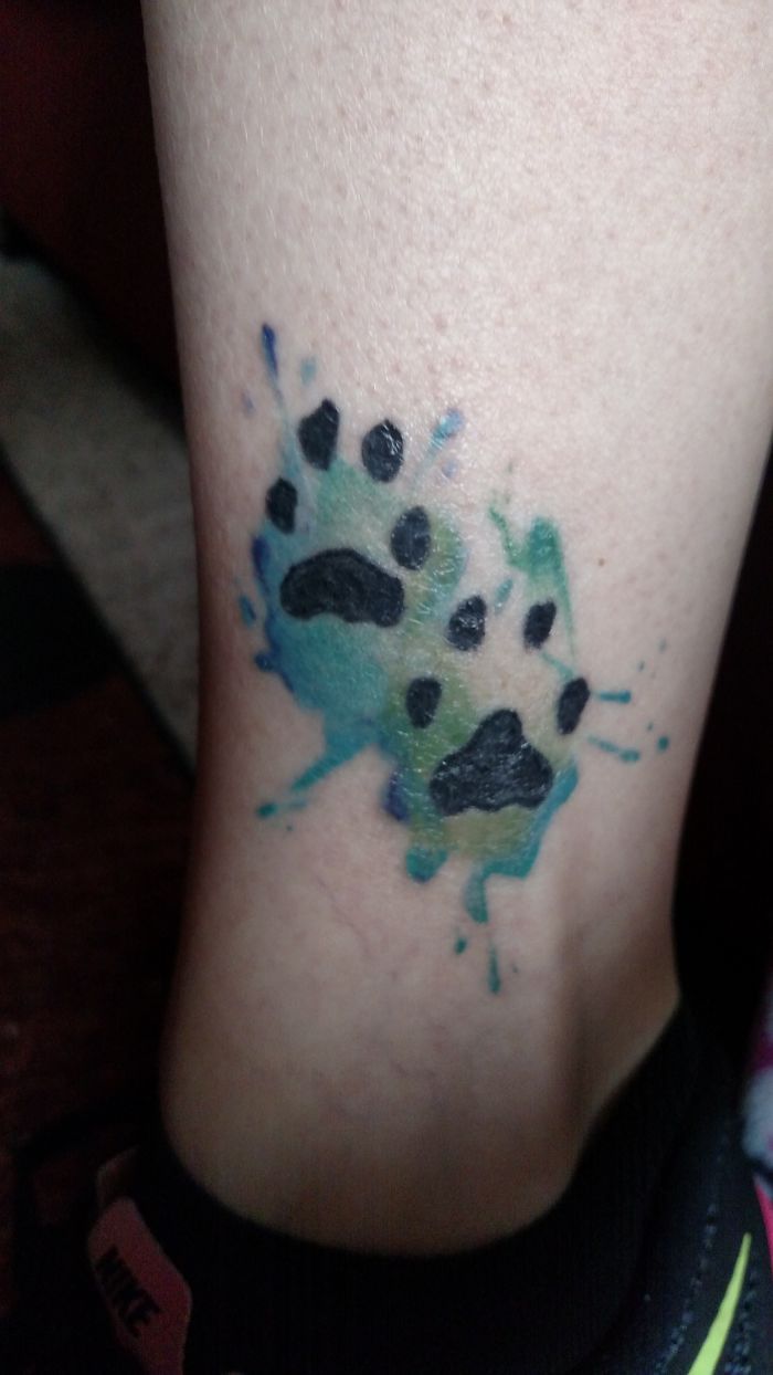 Colorful dog paw print tattoo on leg with watercolor effect.