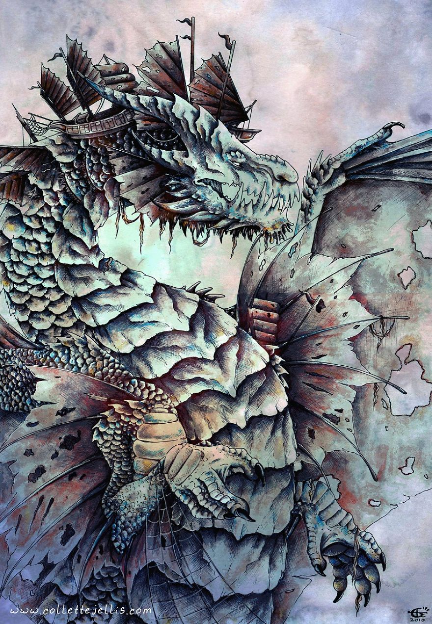 Dragons & Mythical Beasts Created In Ink And Watercolour By Artist Collette J Ellis