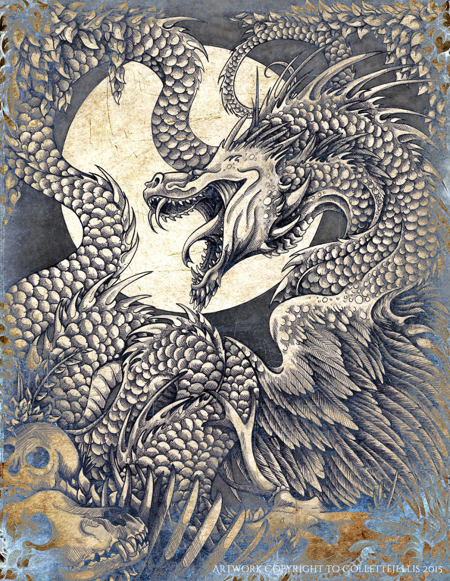 Dragons & Mythical Beasts Created In Ink And Watercolour By Artist Collette J Ellis