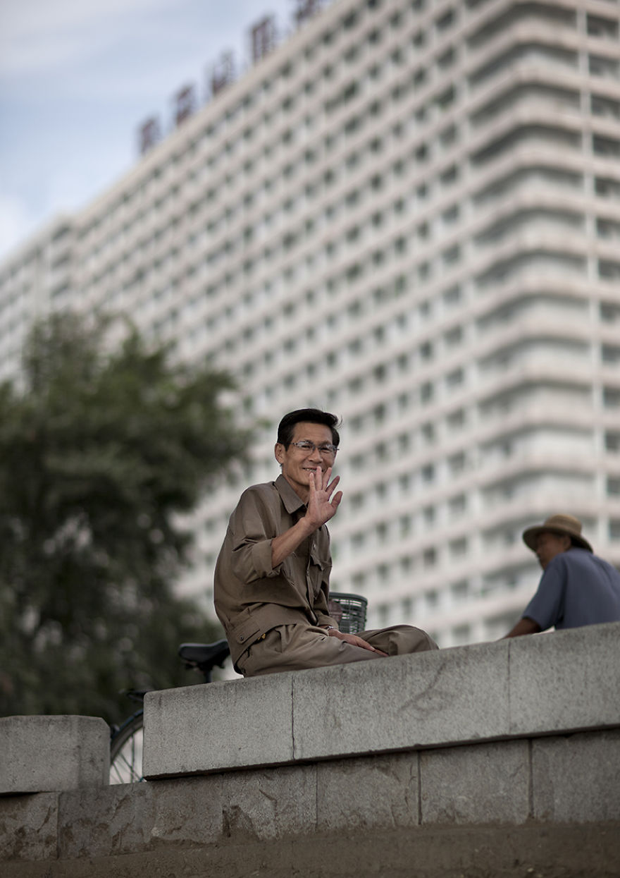 Man On Wall Waving Hand, Pyongyang, North Korea