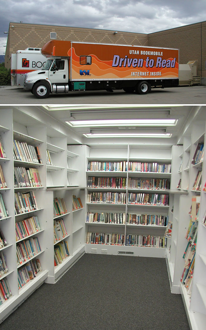 Orange Utah bookmobile truck parked outside and interior view of a mobile library filled with books on shelves.