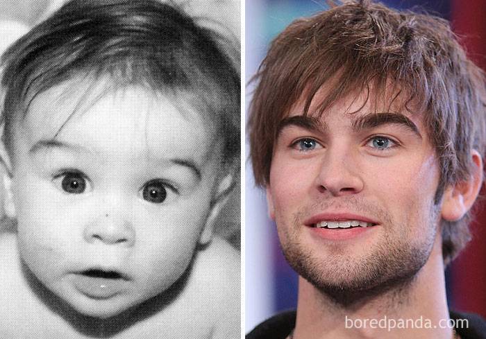 Rare celebrity childhood photo of a young boy beside a current image showing barely recognizable stars in their youth.