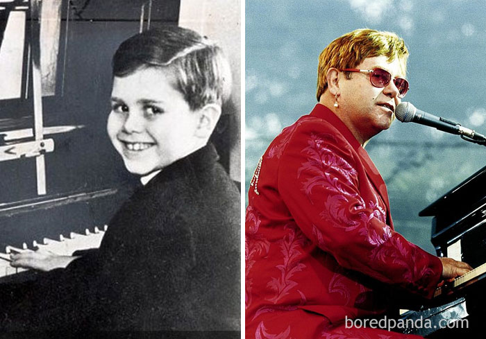 Rare celebrity childhood photo of a young boy playing piano, next to an adult performing on stage with a microphone.